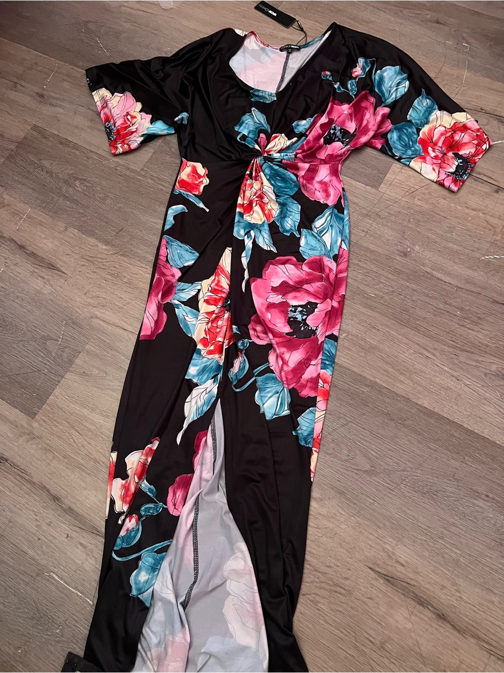 Fashion Nova Black Maxi Dress with Pink Floral Design